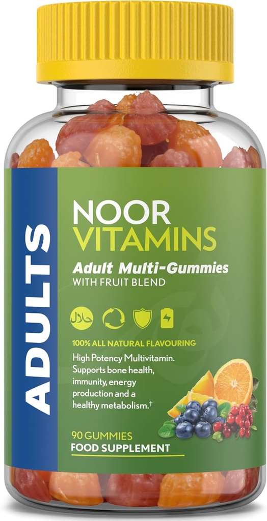 Noor Vitamines Gommy multivitamine halal adulte avec mélange de fruits biologiques pour les hommes et les femmes; Vitamines halales sans gluten, sans gélatine - 90 Nombre