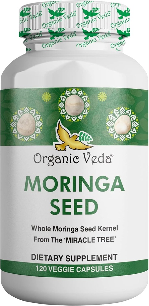 Capsules de graines de Veda Moringa biologique - 100% de la poudre de graines de Moringa Oleifera biologique pure et huile de Moringa Oméga 3 & 6, les antioxydants Miracle Tree, vitamines - énergie et focus boost pour les hommes et les femmes, 120 ct