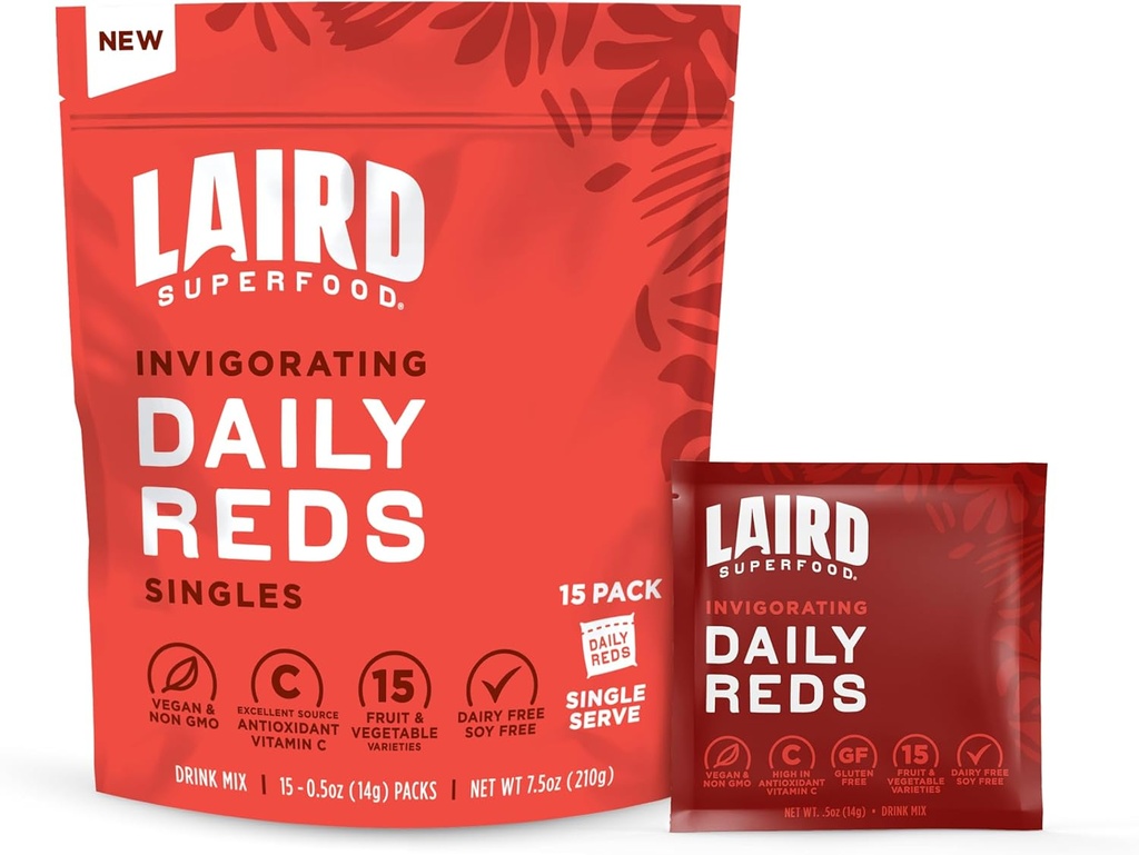 Laird Superfood Antioxident Daily Reds poudre, mélange de combat radical libre, vitamine C, manganèse, 2 portions de fruits et légumes par portion, 15 pack