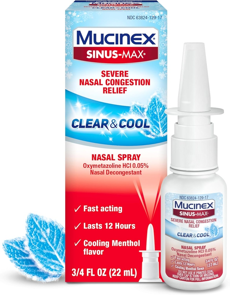 Vaporisateur nasal Sinus-Max de Mucinex, 12 heures de sur-le-Counter Médicament Nez Spray pour le soulagement du sinus, Décongestion nasale pour adultes et congestion du sinus, refroidissement du menthol, 0,75 Fl Oz