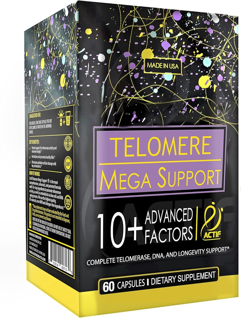 ACTIF Telomere Mega Support with 10+ Factors, Non-GMO, Telomerase and DNA Supplement for Energy, Memory and Anti-Aging, Made in USA, 60 Count