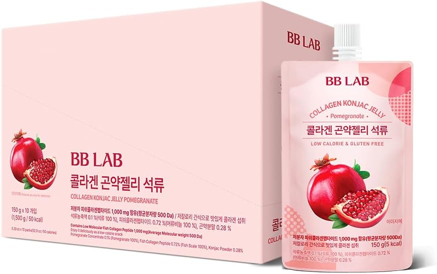 BB LAB Collagen Konjac Jelly, grenade, (10 Packs/52,9 oz) - 5 Calories, sans sucre, peptide de collagène de poisson 1000 mg, faible teneur en glucides/boire zéro sucre Jelly Dessert, fibre alimentaire, sans gluten