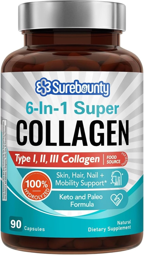 Complexe multi collagène, Type I, II, III, 6-en-1 Super collagène avec vitamine C, acide hyaluronique, biotine, curcuma, poivre noir, kéto, 90 capsules