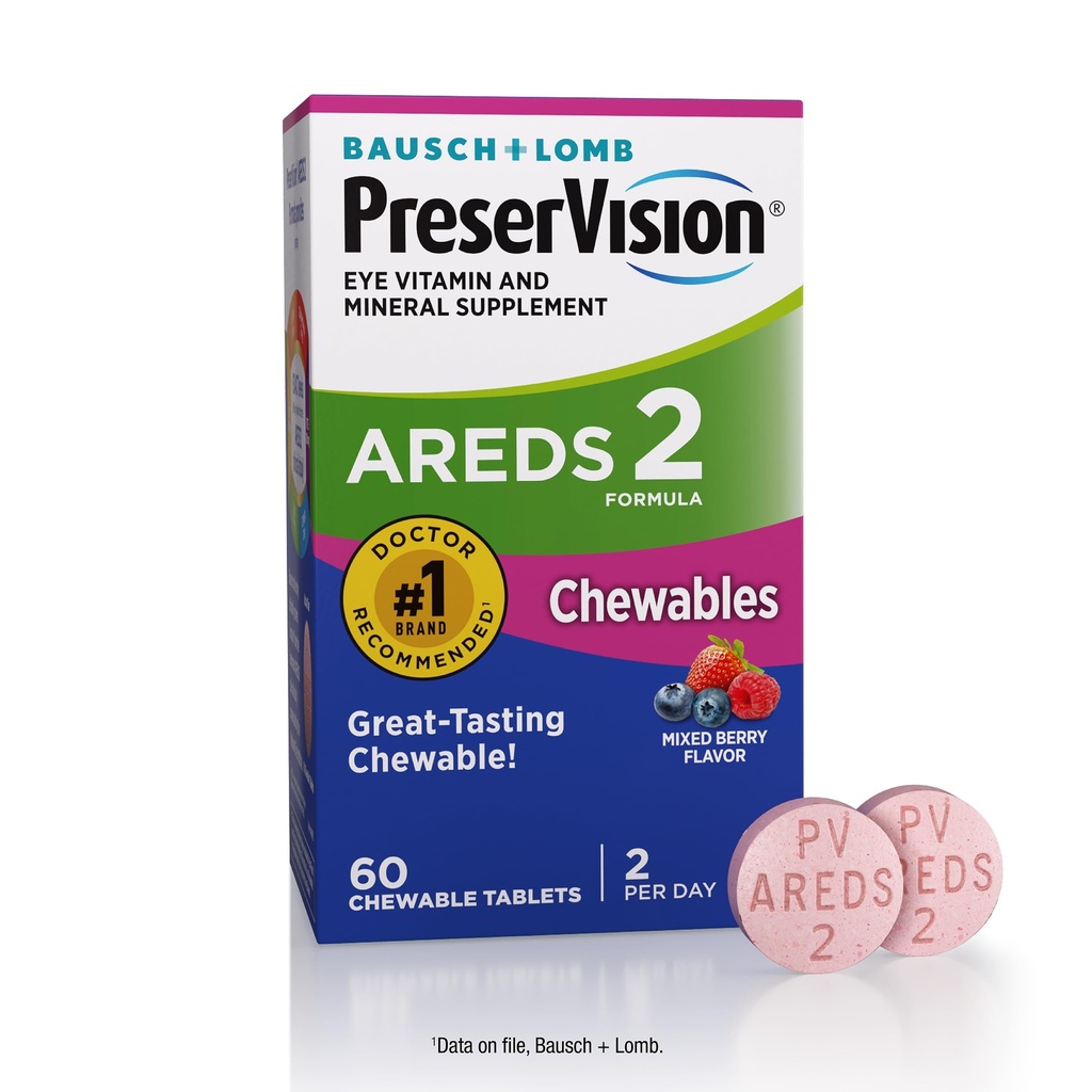 PreserVision AREDS 2 Vitamines oculaires, #1 Eye Doctor Marque recommandée, Lutéine à croquer et supplément de zéaxanthine avec vitamine C, vitamine E, zinc et cuivre, Berry mélangé, 60 comprimés