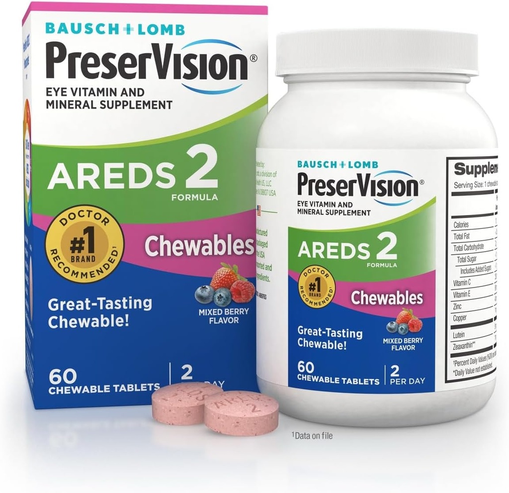 PreserVision AREDS 2 Vitamines oculaires, #1 Eye Doctor Marque recommandée, Lutéine à croquer et supplément de zéaxanthine avec vitamine C, vitamine E, zinc et cuivre, Berry mélangé, 60 comprimés