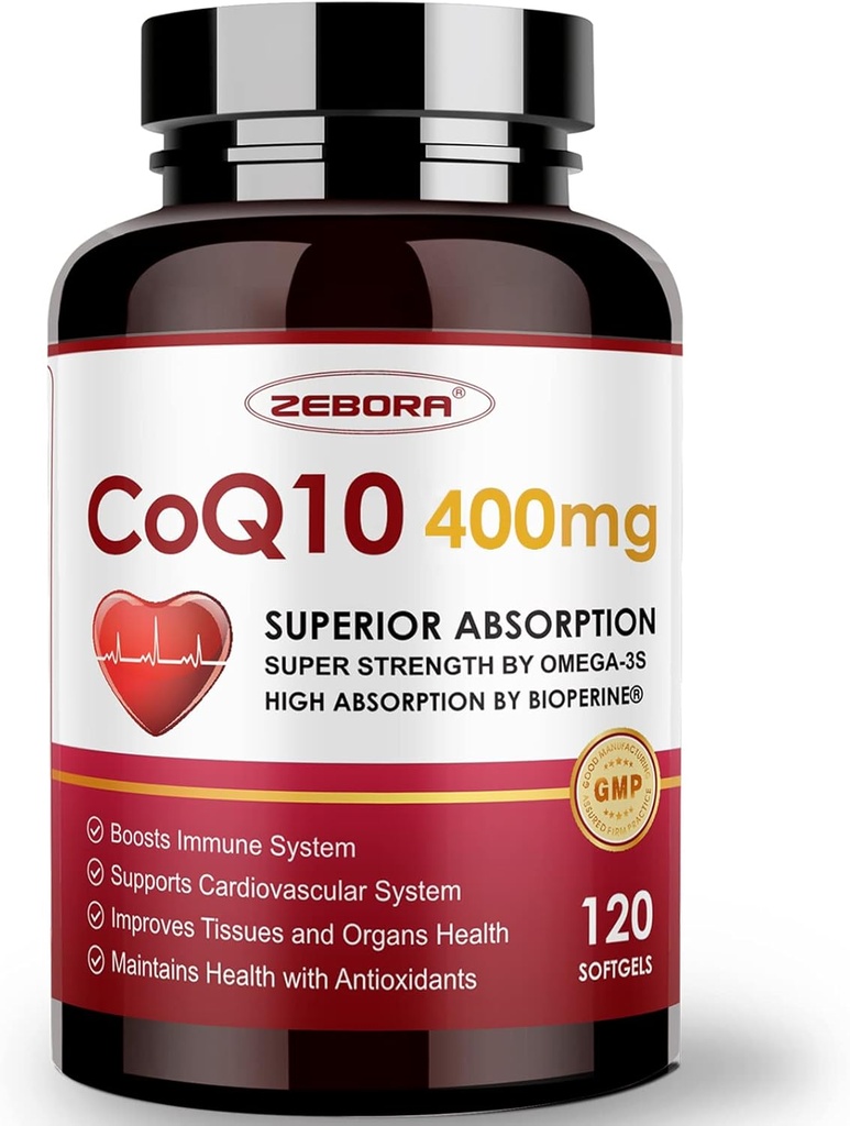 ZEBORA CoQ10-400mg-Softgels avec PQQQ, BioPerine et Omega-3, Coenzyme Q10 (Ubiquinone) Supplément pour haute absorption, puissant antioxydant, support coeur et production d'énergie, 120 portions