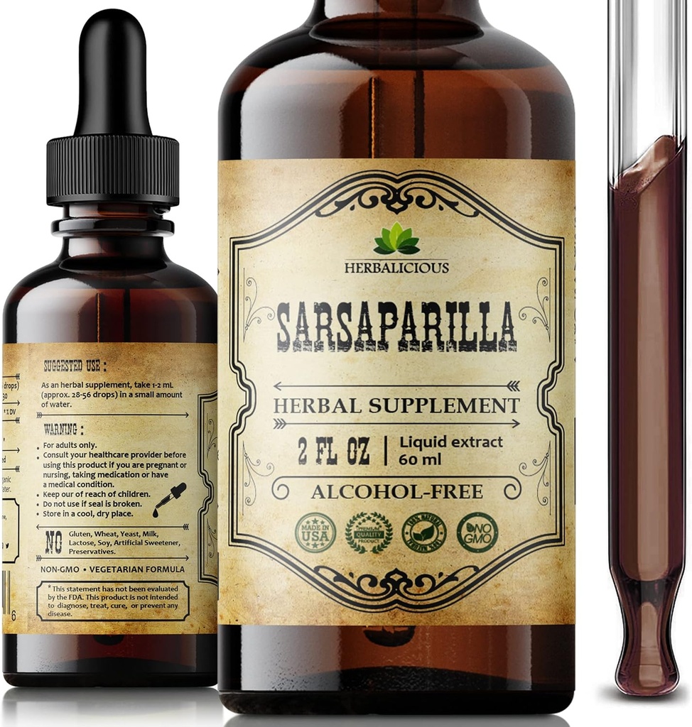 Extrait liquide de Sarsaparilla – Supplément à base de plantes Smilax officinalis – Sans OGM, sans alcool, sans gluten, sans racine naturelle – Bien-être traditionnel à base de plantes – Bouteille à goutte de 2 oz