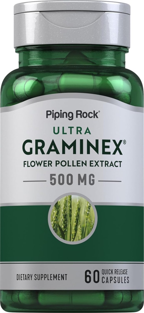 Pipeping Rock Graminex Flower Pollen Extrait de 500 mg 60 capsules Supplément pour hommes et femmes