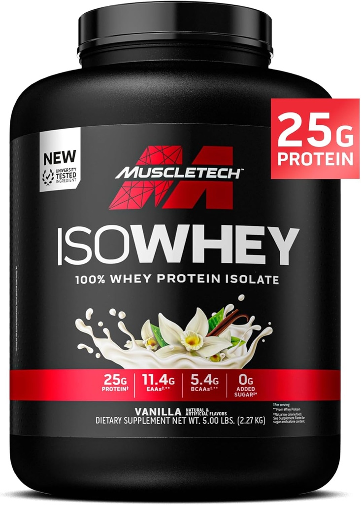 MuscleTech ISO Whey Isolate Protéine Poudre, Vanille - Supplément de gymnastique post-entraînement pour le gain musculaire maigre, gain de poids de construction du corps et récupération - 25g de protéines, BCAA, EAA et 0 sucre ajouté - 5lbs