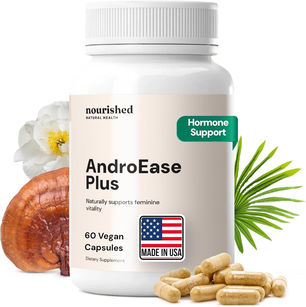 Nourri AndroEase Plus - Équilibre hormonal végétalien pour les femmes - Zinc, Reishi, Thé vert et Saw Palmetto pour les femmes - pour l'énergie, la vitalité, les cheveux faciaux et le bien-être quotidien - 60 capsules, Fabriqué aux États-Unis