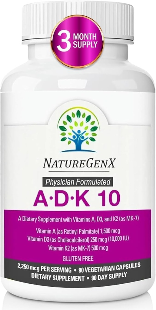ADK10 – Supplément de vitamine ADK : Vitamines de haute puissance A, D3 (10 000 UI) et K2 MK-7 pour la santé osseuse, cardiaque et immunitaire