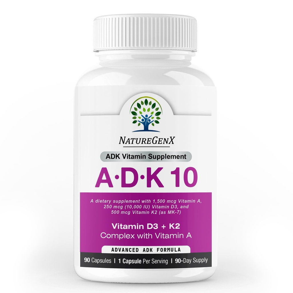 ADK10 – Supplément de vitamine ADK : Vitamines de haute puissance A, D3 (10 000 UI) et K2 MK-7 pour la santé osseuse, cardiaque et immunitaire
