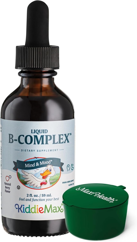 Complexe Vitamine B liquide de framboise, supplément à la vitamine B12 - gouttes B sublinguales pour les enfants avec B1 B2 B3 B5 B6 Acide folique de biotine, pour l'énergie et la fonction cérébrale - 2 fl. Oz, Pillbox vert