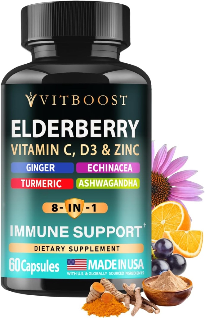 Supplément de soutien pour Immune de la mûre aînée 8-en-1 avec Echinacea, vitamine C et zinc, vitamine D 5000 UI, curcuma, gingembre, ashwagandha – 60 capsules