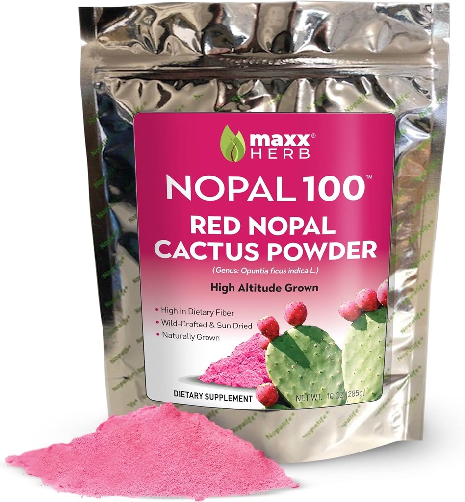 Maxx Herb rouge Nopal poudre de cactus, poudre de poire piquante - pour la digestion et le soutien immunitaire, haute en fibre alimentaire, végétalien, non-OGM et sans gluten - 10 Oz sac (28 portions)