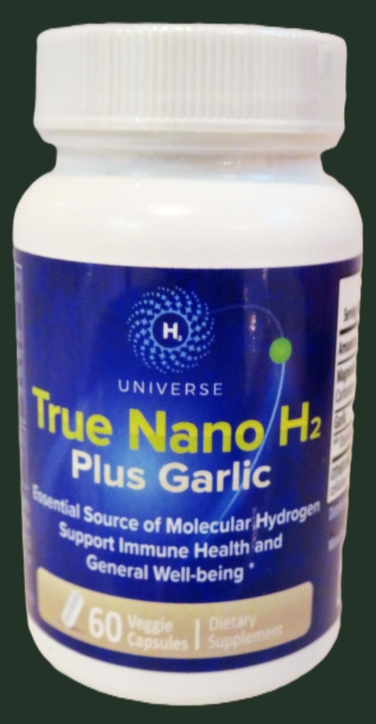 True Nano H2 avec de l'ail par H2 Universe de l'hydrogène moléculaire avec des nanobulles d'hydrogène actif, stimule l'énergie, puissant antioxydant de 60 capsules