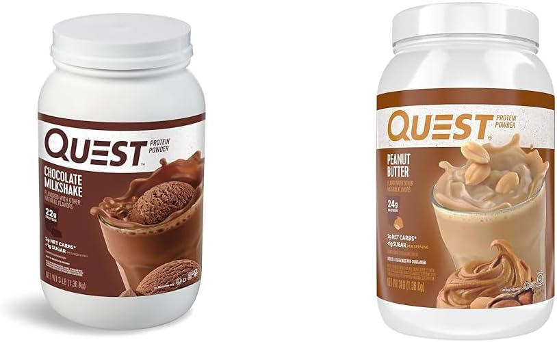 Quest Nutrition Chocolat poudre de protéines de milkshake, 22g de protéines, 1g de sucre, faible teneur en glucides, sans gluten, 3 livres, 43 portions et poudre de beurre d'arachide, 23g de protéines, 1g de sucre, faible teneur en glucides, sans gluten
