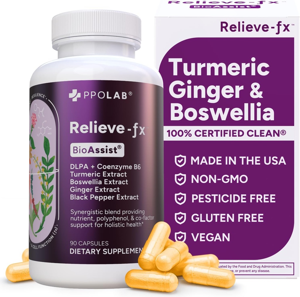 Relieve-fxTM DLPA Boswellia Supplément curcuma et gingembre, soulagement du stress, coeur, digestion, crampe musculaire, articulations, santé de l'inflammation, vitamine B6 P5P, acide boswellique, Curcumine avec poivre noir - 90ct