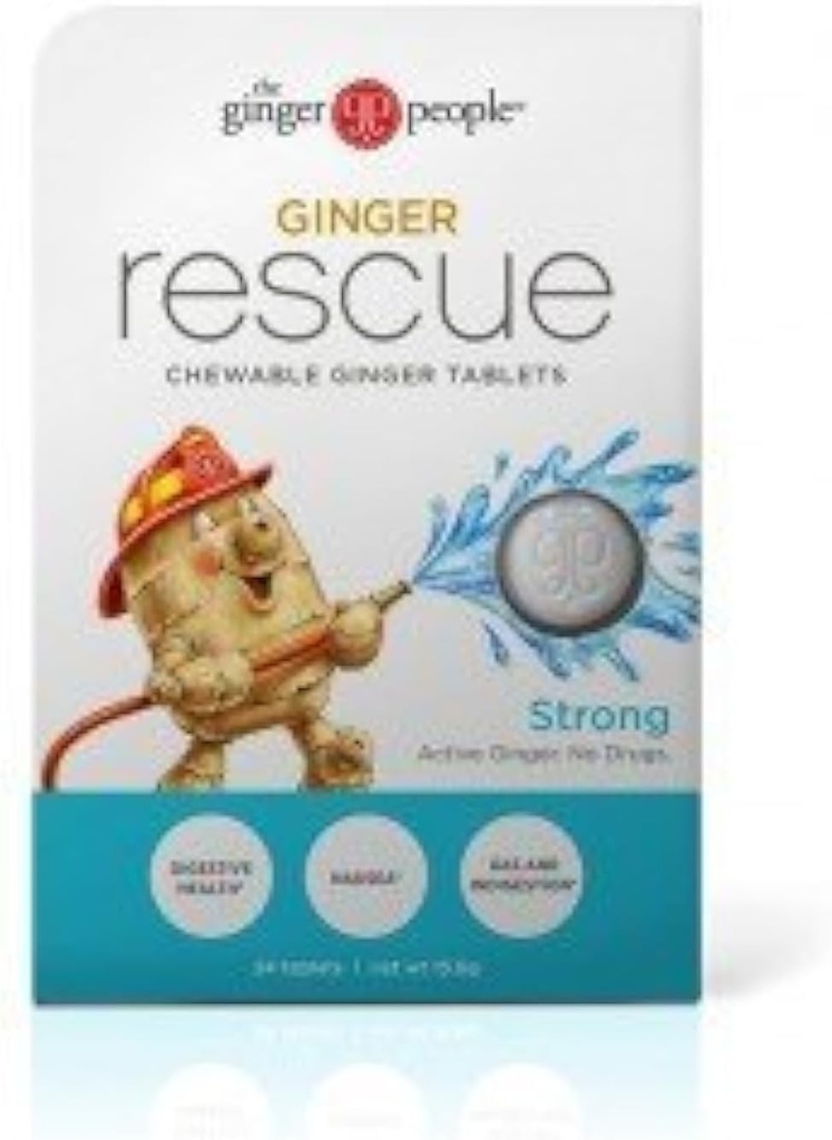 Le Ginger People Ginger Rescue® Tablettes à croquer Santé digestive sans médicament, 5,5 oz Tablettes à croquer, forte saveur de gingembre, 0,55 Oz, 10 Comte Caddy (240 comprimés)