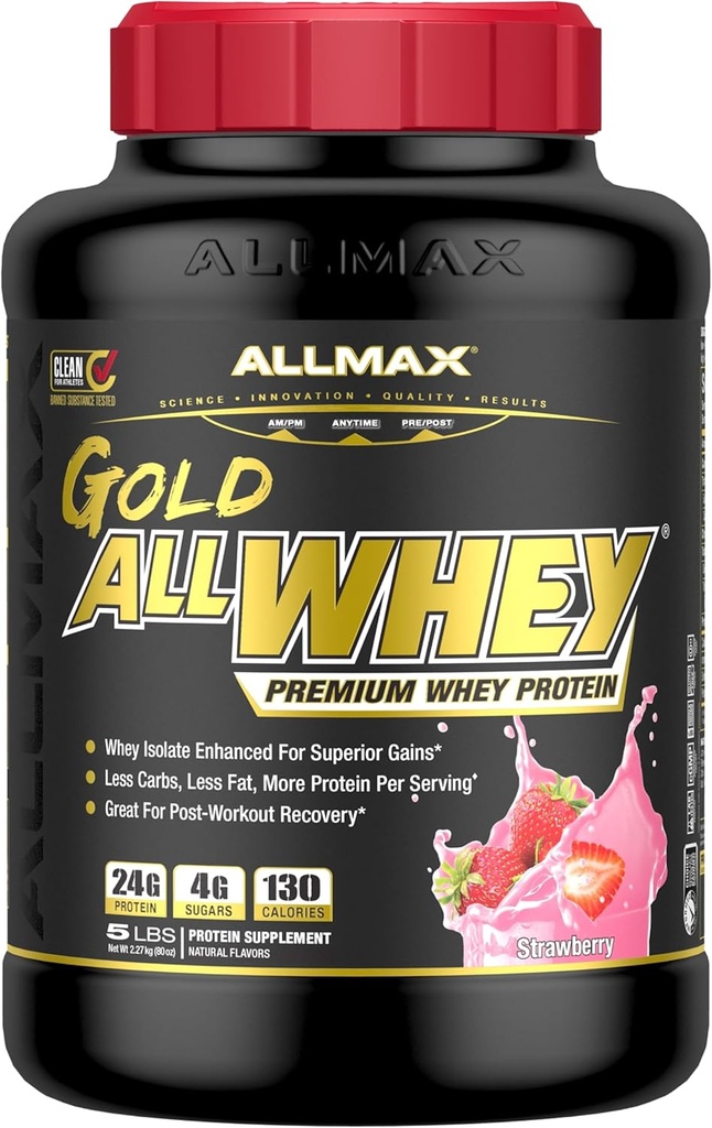 ALLMAX Nutrition - poudre de protéines d'or ALLWHEY, mélange de protéines de lactosérum pour la force et les gains musculaires, récupération après entraînement, sans gluten, 24 grammes de protéines, fraise, 5 livres