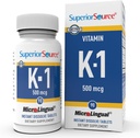 Source supérieure Vitamine K1 500 mcg - Supplément de soutien aux os et à la santé - Supplément de vitamine K Aide la santé du sang et l'absorption du calcium - 100 comprimés de dissolution sublinguale