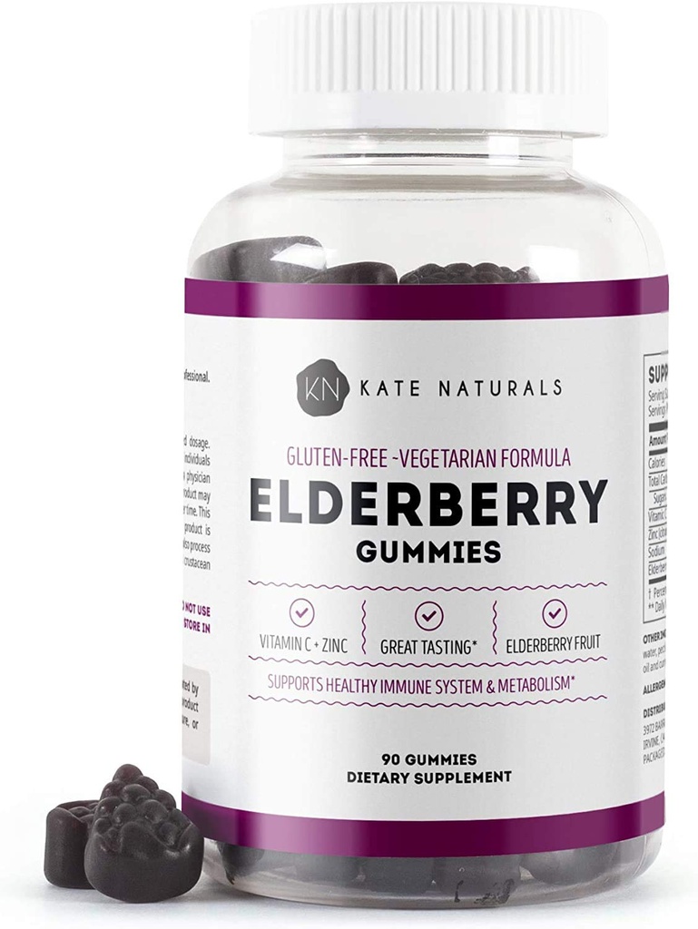 Kate Naturals Gommies de mûres aînées avec vitamine C et zinc pour adultes et enfants. Gommies d'anciennes baies de Sambucus pour le soutien immunitaire (90 Gommies, 45 jours d'approvisionnement)