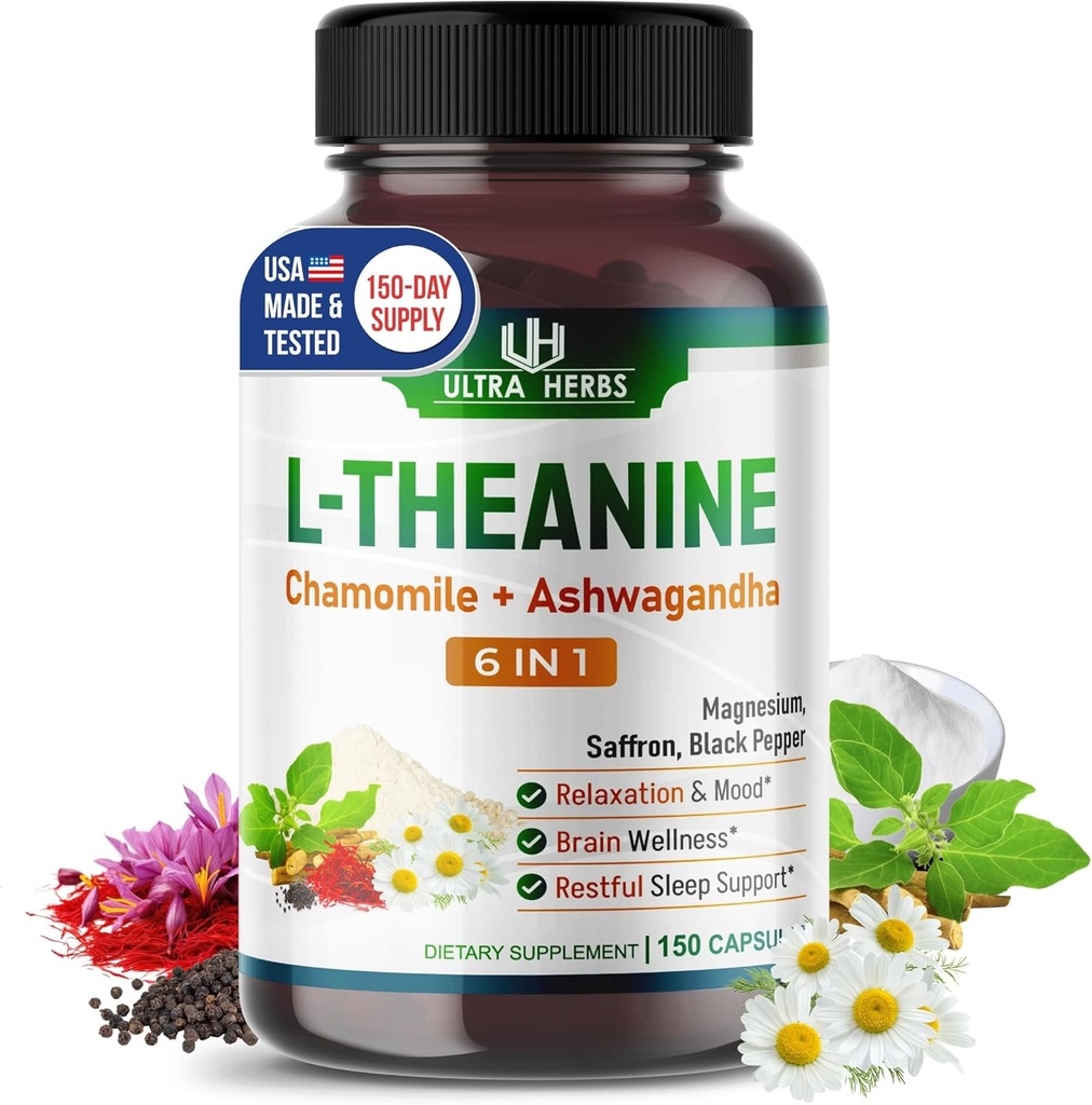 Supplément L-Theanine - Complexe 6 IN 1 Enrichi avec Magnésium, Ashwagandha, Safran, Camomille - Soutien Relaxation, Calme et Qualité du sommeil