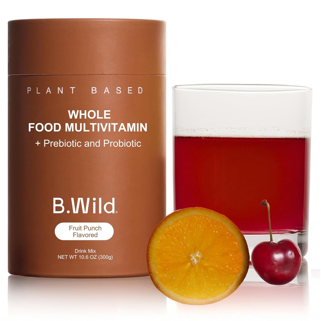 B.WILD Mélange de boissons multivitamines à base de plantes – Arôme de punch de fruits gras avec prébiotiques, probiotiques et adaptogènes pour Gut Health & Stress Support – 30 portions – végétalien, sans gluten