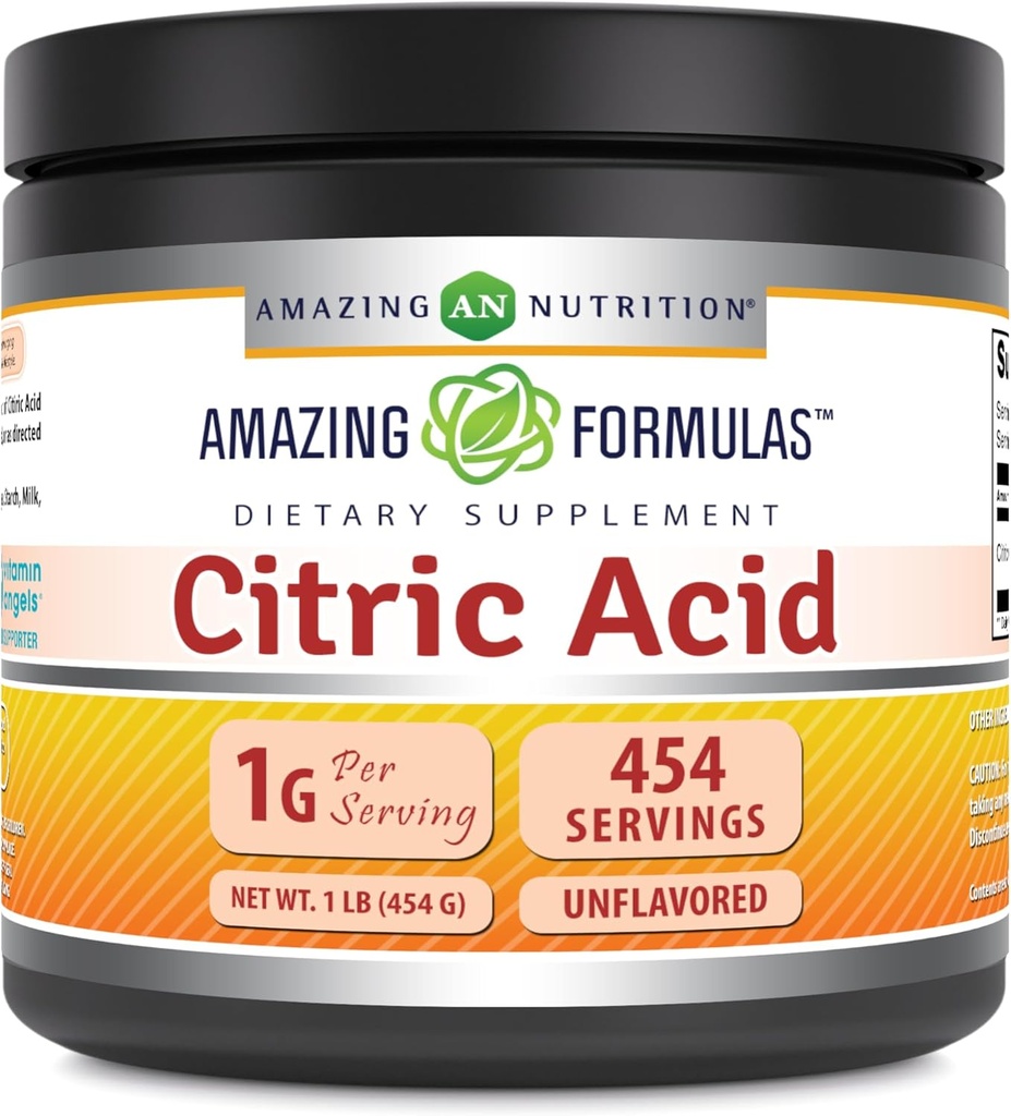 Formules étonnantes Supplément en poudre d'acide citrique (Citrique Acid Powder) : 1 gramme Sans saveur (non-OGM) Sans gluten (Fabriqué aux États-Unis) (1 Pack, 1 LB)
