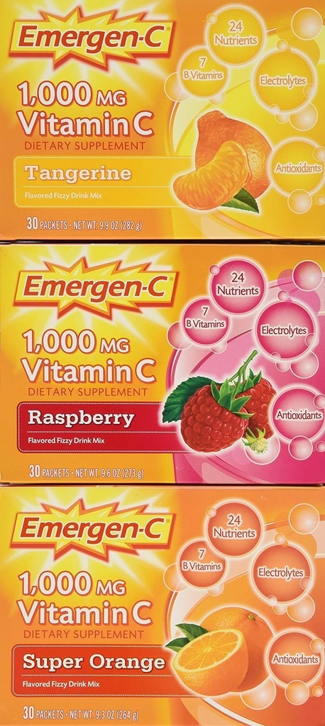 Emergen-C 1000 mg Vitamine C supplément alimentaire boisson mélange, Super orange/framboise/tropical, 90 paquets, Net Wt. 28,5 oz.