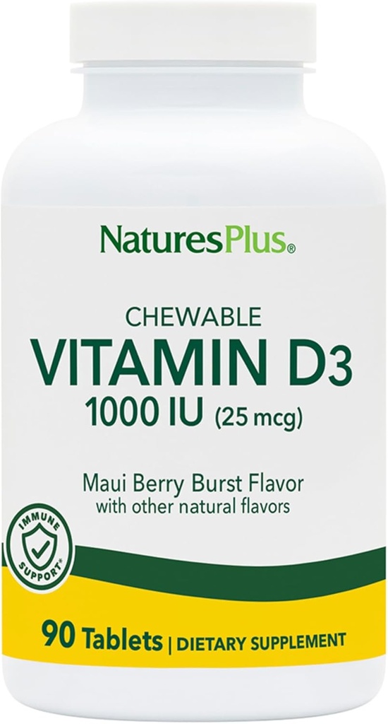 NaturesPlus Vitamine D3 (1000 UI) - 90 Comprimés à croquer, Saveur Maui Berry Burst - Végétarien, Sans gluten - 90 portions