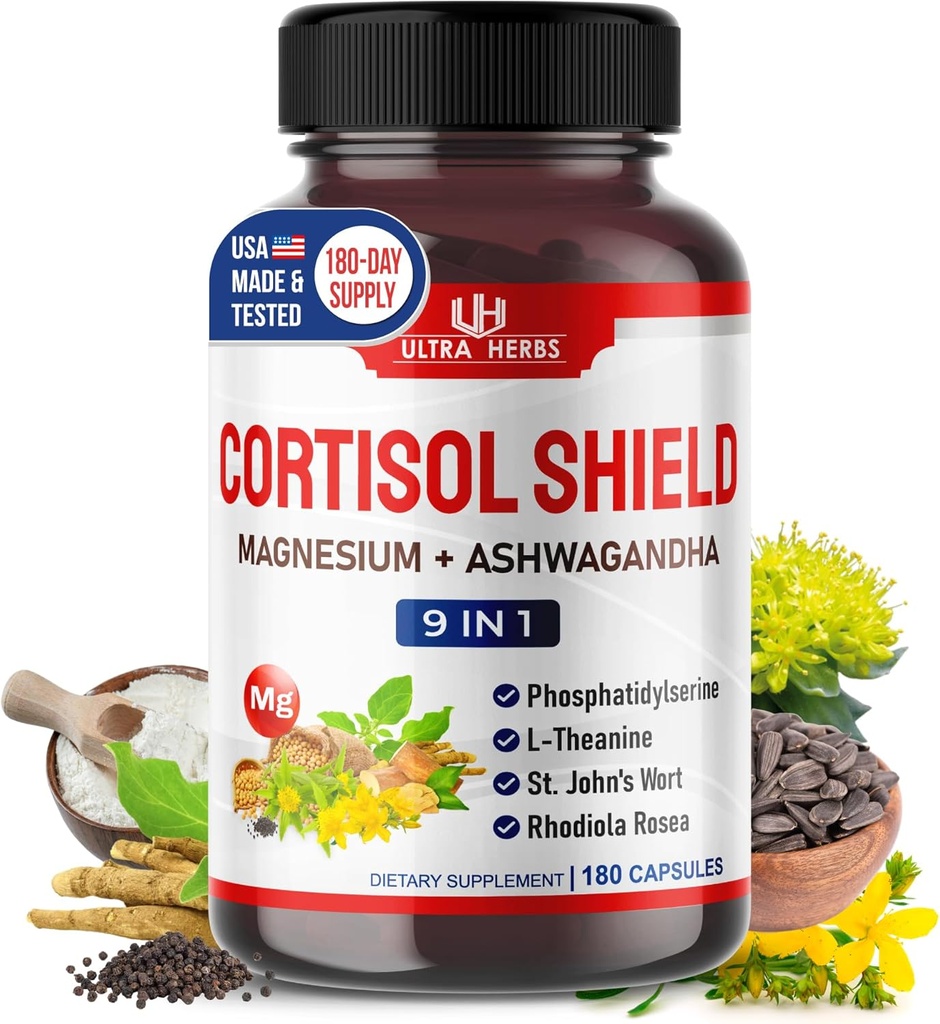 Bouclier CORTISOL 9-en-1 -Magnésium + Ashwagandha avec Phosphatidylsérine, L-Theanine, St. John's Wort, Rhodiola Rosea - Soutien à la relaxation, Hormone Balance - USA Made (180 Compte (paquet de 1))