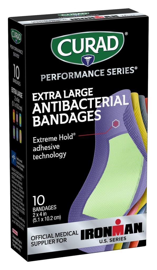 CURAD Performance Series IRONMAN Antibactérien Bandes, Technologie d'adhésif de cale extrême, Extra Large Flexible Bandes de tissu pour Coupes, Scrapes et Brûlures, Couleurs assorties, 2 x 4 pouces, 10 Compte