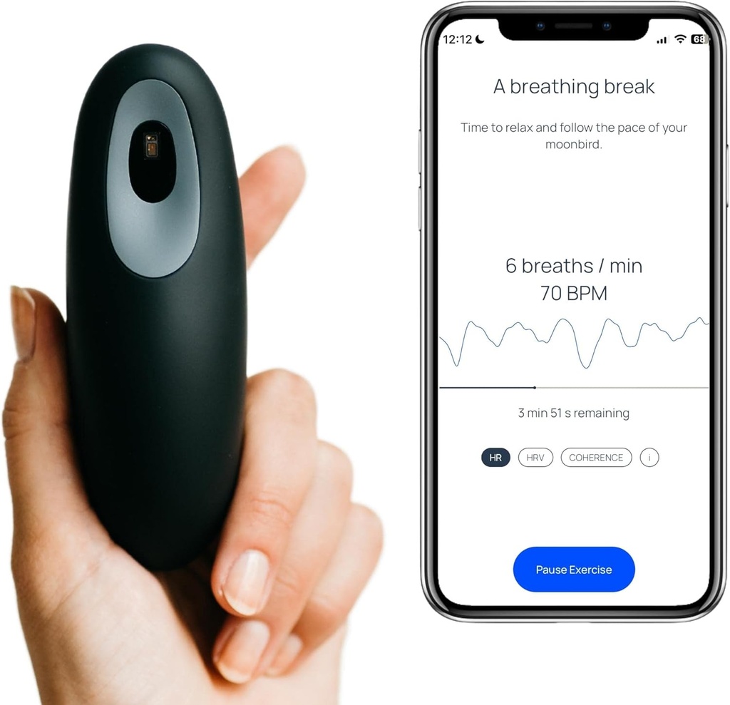 Outil de respiration Moonbird pour la relaxation et le sommeil – Respiration guidée pour le calme, la méditation et le stress – Portable et rechargeable – Gris noir