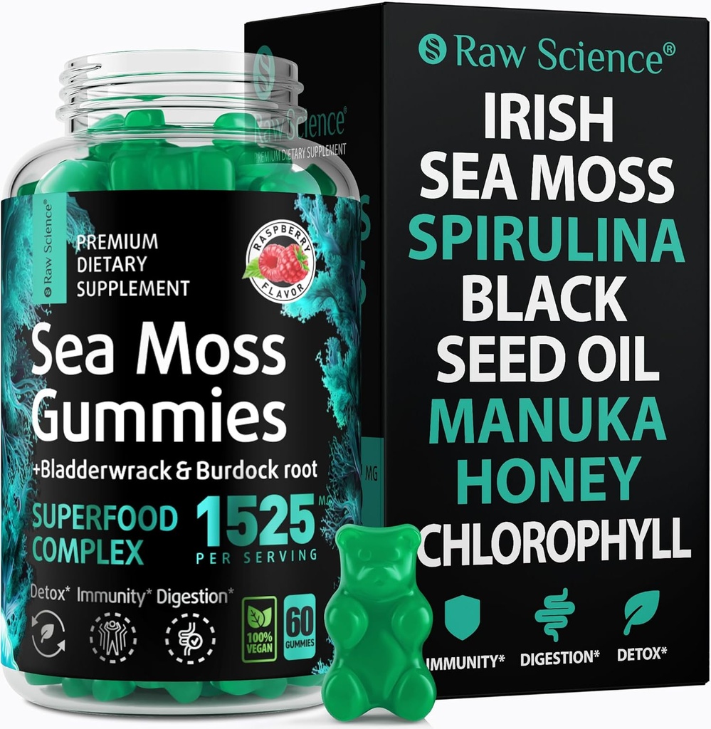 Gummies de mousse de mer d'Irlande - Detox & Thyroïde Support pour les femmes & les hommes - Huile de graines noires, Manuka Honey, Fenugreek, Chlorophylle: Immune Support, Supplément d'immunité - Root de bardage, Bladderwrack - 60 Gummies