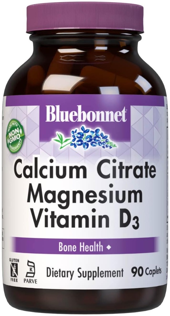 Bluebonnet Nutrition Calcium Citrate Magnésium Plus Vitamine D3 Caplets, Bone Health & Muscle Relaxation, Non OGM, Gluten, Sans soja et sans lait, Casher, Blanc, 90 Compte