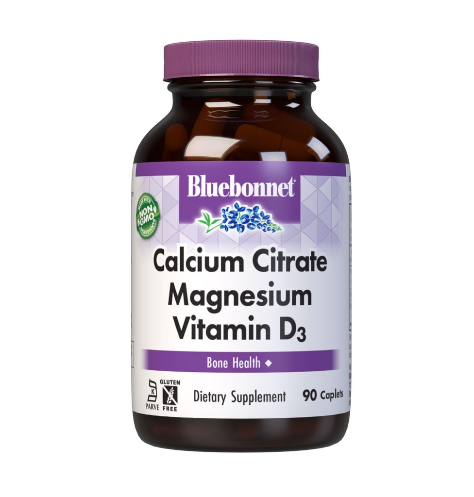 Bluebonnet Nutrition Calcium Citrate Magnésium Plus Vitamine D3 Caplets, Bone Health & Muscle Relaxation, Non OGM, Gluten, Sans soja et sans lait, Casher, Blanc, 90 Compte