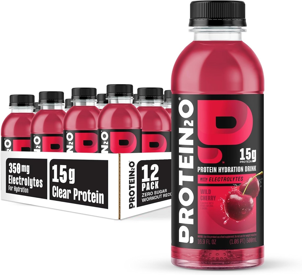 Protéines2o boisson d'hydratation - 2-en-1 liquide clair de lactosérum protéines isolat et électrolyte boisson - 15g de protéines, vitamines B5, B6 - récupération après l'entraînement - 16,9 Fl Oz - 12 Compte cerise sauvage
