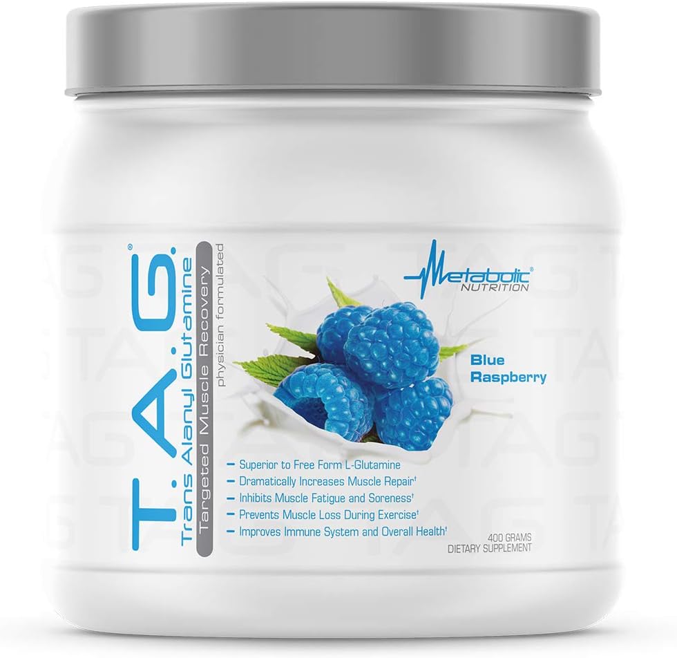 Nutrition métabolique, TAG, Trans Alanyl Glutamine, 100% L-Glutamine Peptide Poudre, Supplément d'entraînement avant intra, 400 Grams (40 portions) (Blue Raspberry)