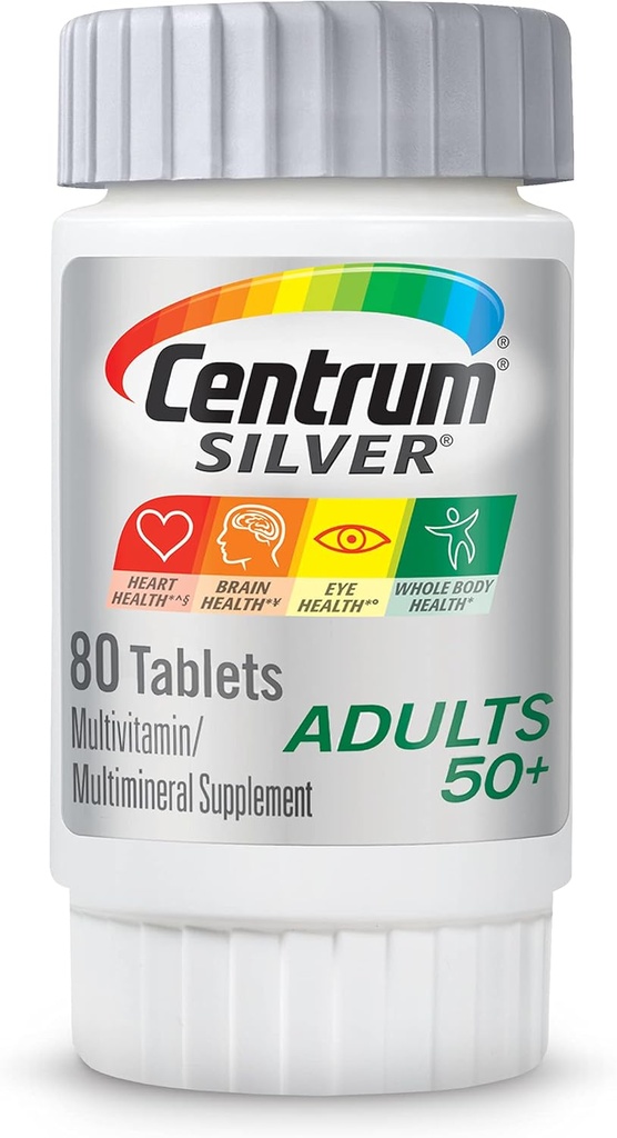Multivitamine d'argent centrum pour adultes 50 Plus, supplément multivitamine/multiminérale, vitamine D3, vitamine B, sans gluten, ingrédients non OGM, soutient la mémoire et la cognition chez les adultes âgés - 80 Ct