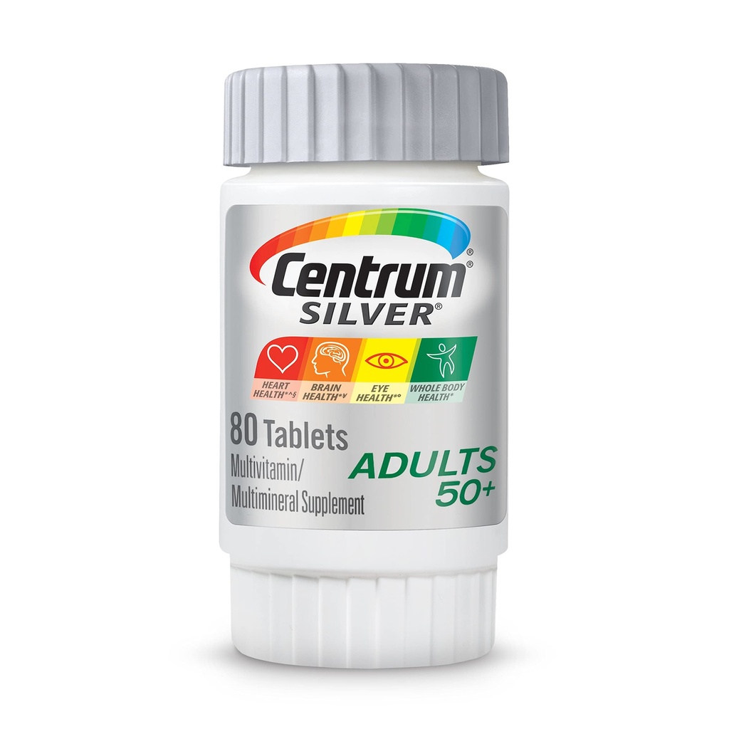 Multivitamine d'argent centrum pour adultes 50 Plus, supplément multivitamine/multiminérale, vitamine D3, vitamine B, sans gluten, ingrédients non OGM, soutient la mémoire et la cognition chez les adultes âgés - 80 Ct