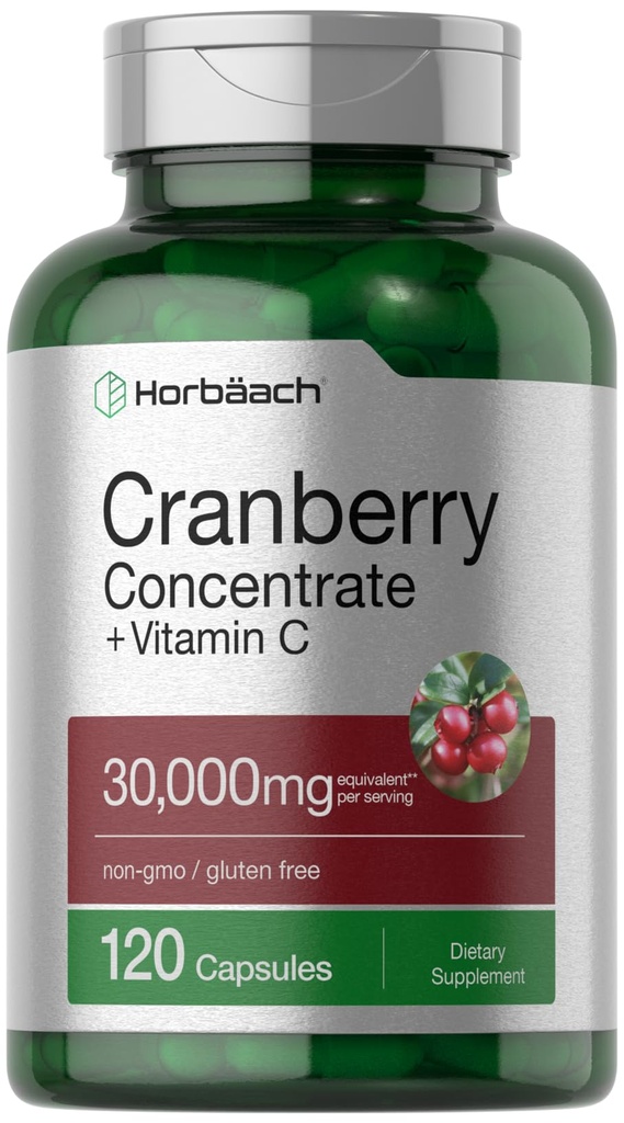 Horbäach Pilules d'extrait concentré de canneberge + vitamine C. 30 000 mg. 120 capsules.