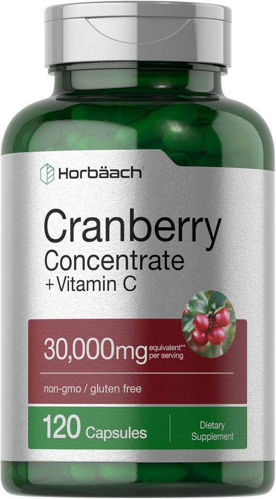 Horbäach Pilules d'extrait concentré de canneberge + vitamine C. 30 000 mg. 120 capsules.