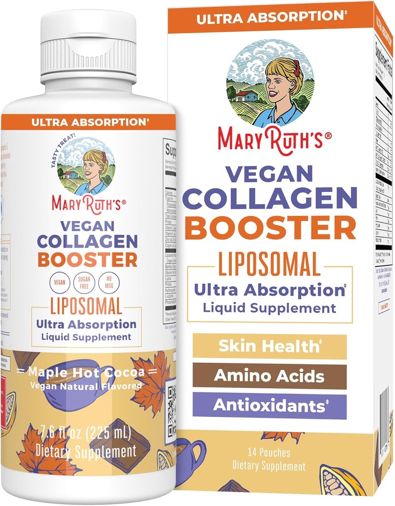 MaryRuth Organics Collagen Booster Liposomique, sans sucre, collagène liquide Booster avec vitamine C, vitamine E, zinc, cuivre et silice, soins de la peau et supplément de soutien articulaire, végétalien, non-OGM, 7,6 Fl Oz