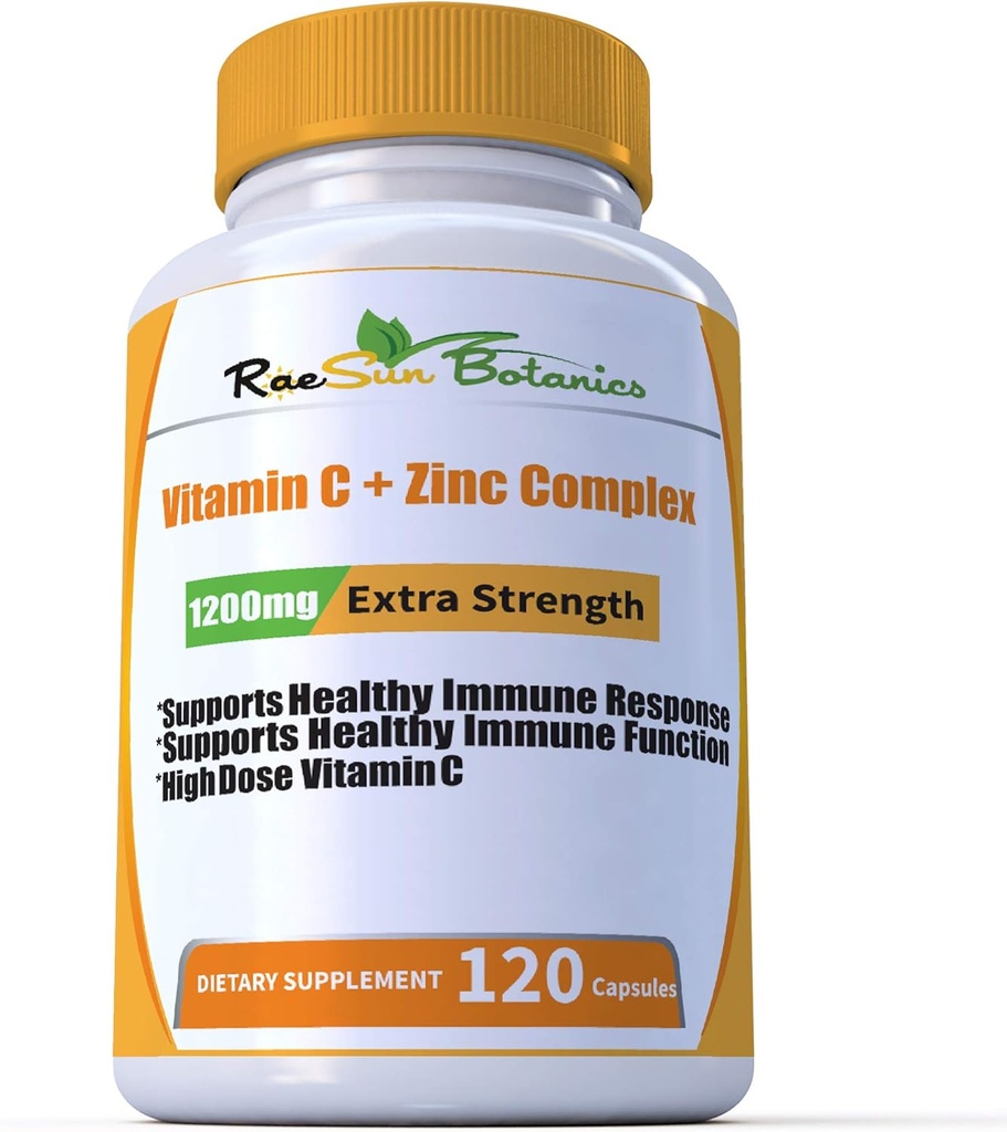 High Dose Extra Strength 1200mg Vitamin C + Zinc Complex for Immune Support Health 120 Capsule 2 Month Supply Veggie Capsule Non-GMO Gluten Free Vegan