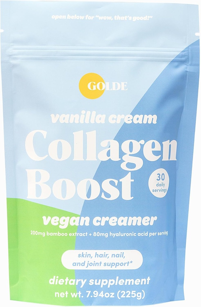 GOLDE - Collagen Boost Vegan Creamer - Vanilla Cream - Supplément de collagène à base de plantes avec l'acide hyaluronique, la biotine et l'extrait de bambou - soutient la santé des cheveux, de la peau et des ongles - 30 portions