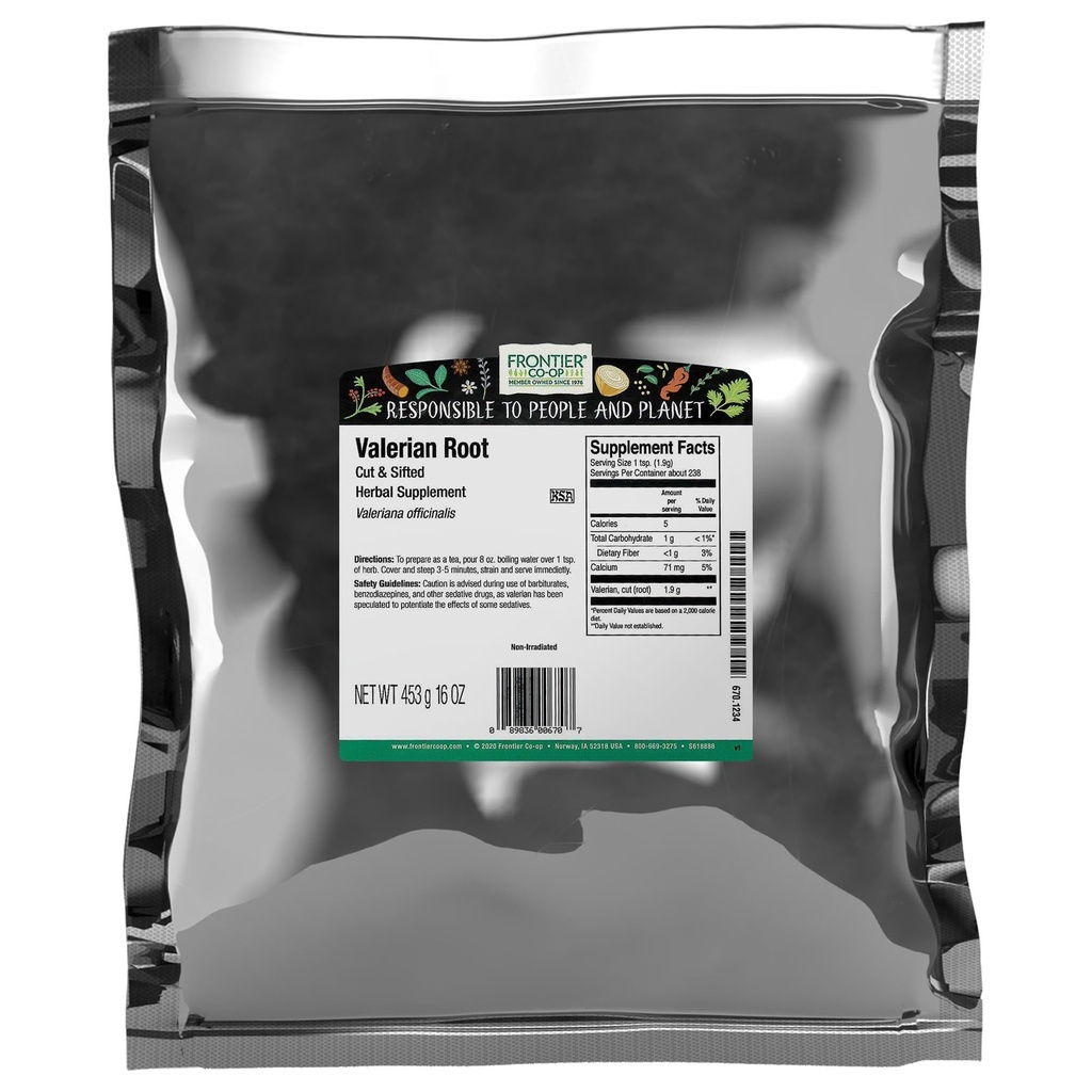 Frontier Co-op Cut et Sifted Valerian Root 1lb, Kosher - pour Valerian Root Tea, Capsules de supplément de bricolage, formules pour le coucher et oreillers