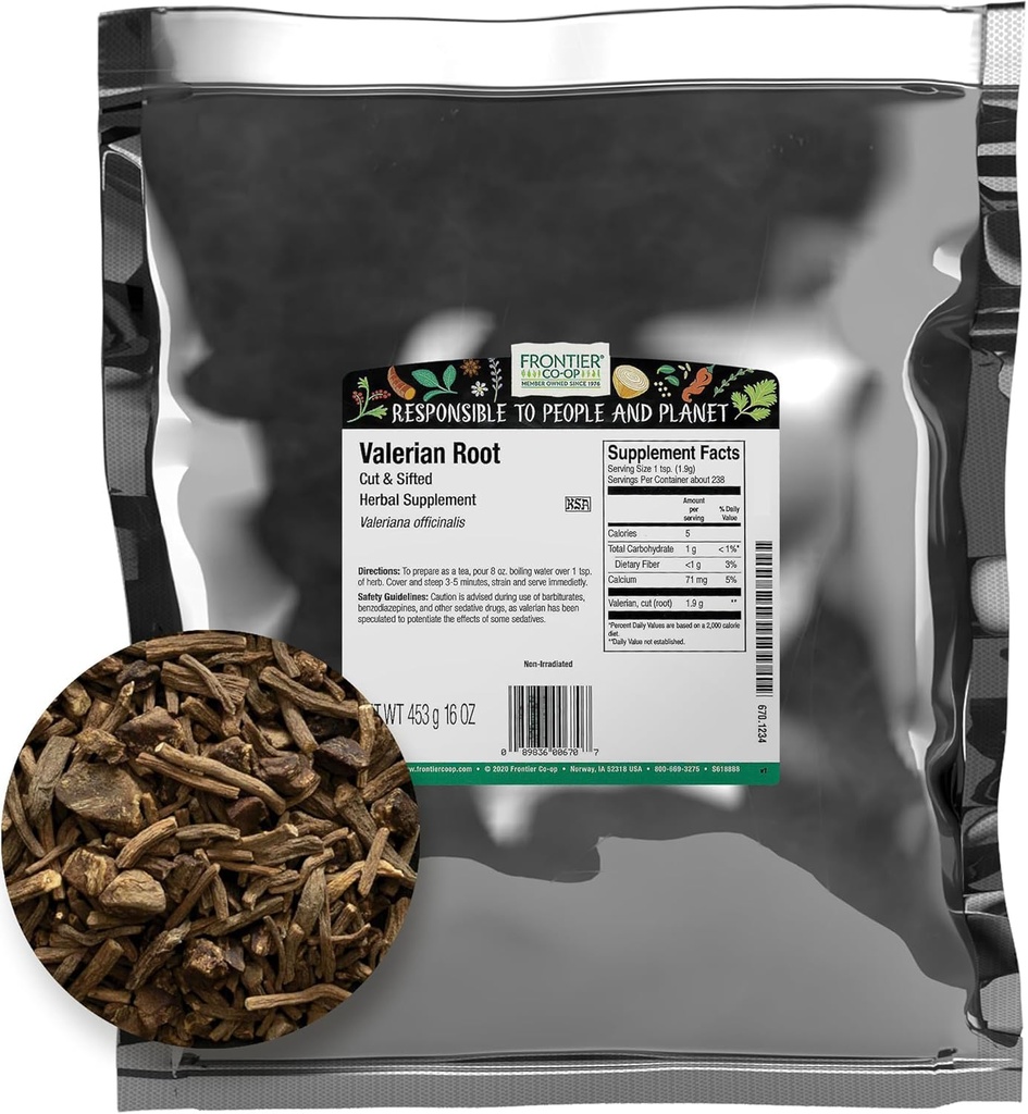 Frontier Co-op Cut et Sifted Valerian Root 1lb, Kosher - pour Valerian Root Tea, Capsules de supplément de bricolage, formules pour le coucher et oreillers