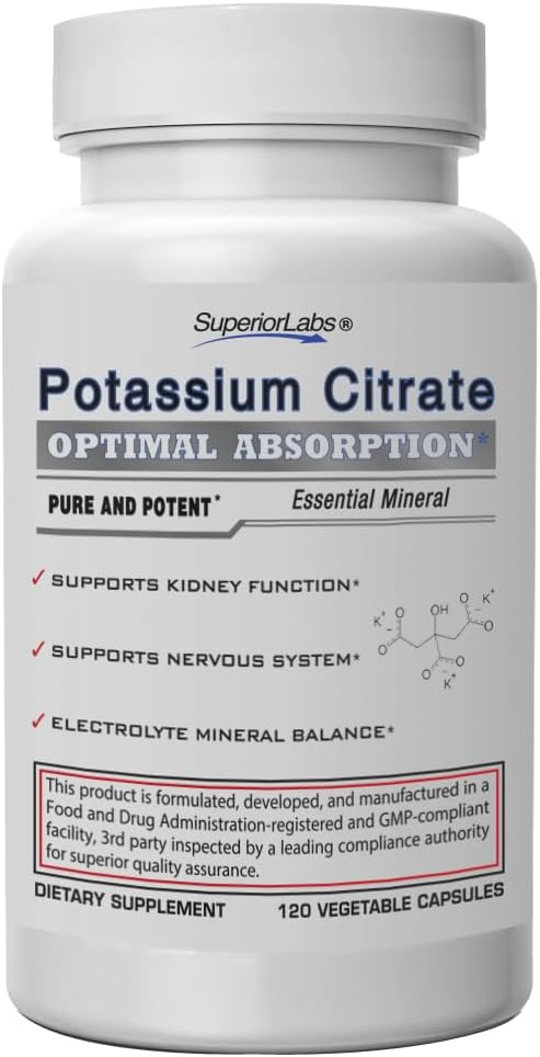 Superior Labs Potassium Citrate 100 mg, Pure Non-GMO Electrolyte Mineral, Sans Additif, Rein Stone & pH Support, Relief des crampes musculaires, Fonction du cœur et du nerf, Balance alcaline, 120 Caps Veg