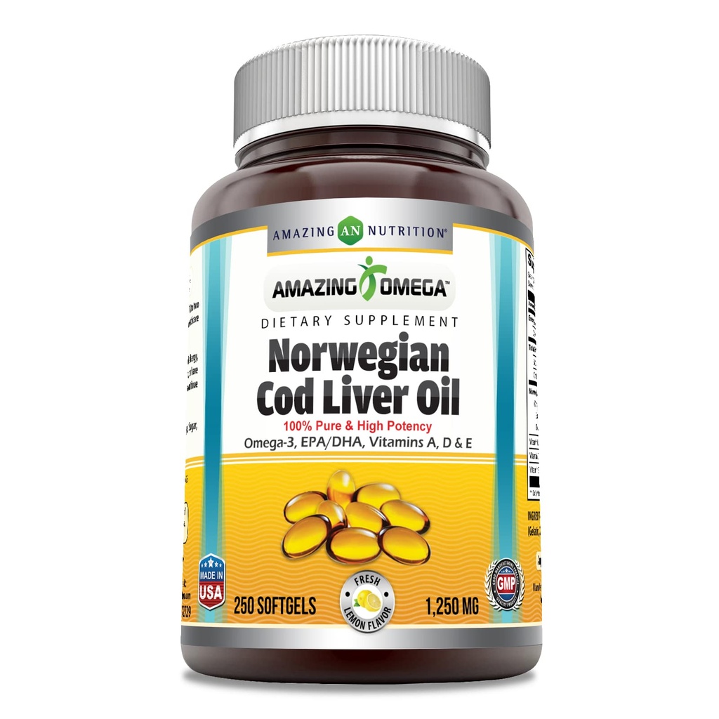 Amazing Omega Norwegian Cod Liver Oil 1250 Mg Softgels Supplement | Omega-3, EPA, DHA, Vitamin A, Vitamin D & Vitamin E (Orange | 250 Count)